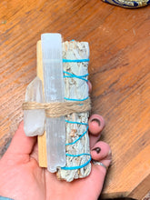 Load image into Gallery viewer, White Sage and Juniper Smudge Stick Set with Palo Santo, Selenite Stick, Clear Quartz Point / Energy Clearing, Cleansing, Protection
