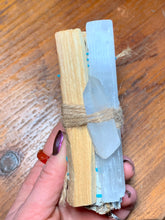 Load image into Gallery viewer, White Sage and Juniper Smudge Stick Set with Palo Santo, Selenite Stick, Clear Quartz Point / Energy Clearing, Cleansing, Protection
