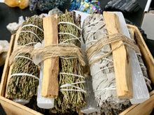 Load image into Gallery viewer, White Sage and Juniper Smudge Stick Set with Palo Santo, Selenite Stick, Clear Quartz Point / Energy Clearing, Cleansing, Protection
