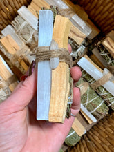 Load image into Gallery viewer, White Sage and Juniper Smudge Stick Set with Palo Santo, Selenite Stick, Clear Quartz Point / Energy Clearing, Cleansing, Protection
