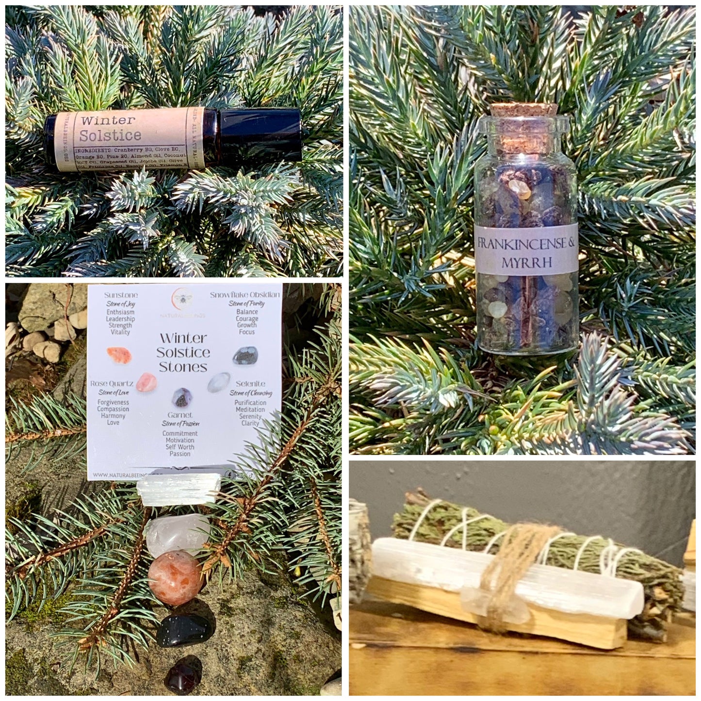 Winter Solstice Stones Holiday Gift Set / Wildcrafted Essential Oil Blend / Juniper Smudge Set / Frankincense & Myrrh Resin Incense